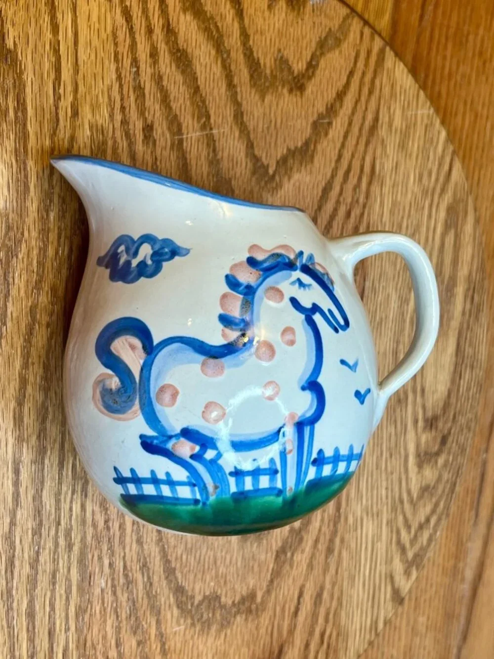 Vintage M.A. Hadley Pot Belly Milk Pitcher - Country Scene Blue-Horse